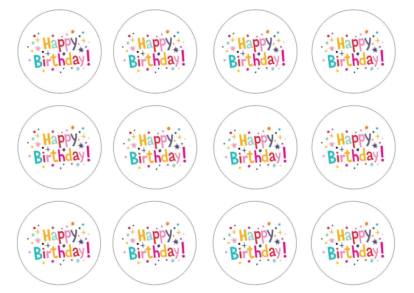 Happy Birthday (HB01) 2" pre cut icing discs  Pack contains 12 edible fondant icing pre cut icing discs  Easy to decorate a homemade or shop bought cake - simply peel and apply to your cakes