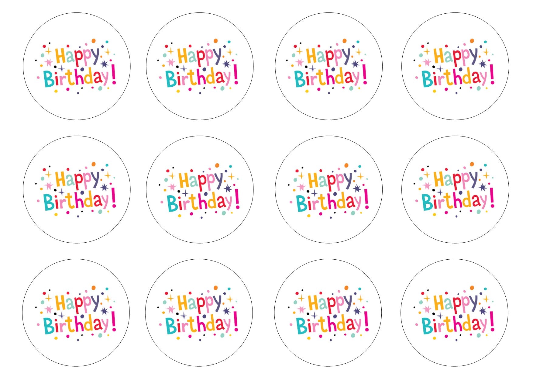 Happy Birthday (HB01) 2" pre cut icing discs  Pack contains 12 edible fondant icing pre cut icing discs  Easy to decorate a homemade or shop bought cake - simply peel and apply to your cakes