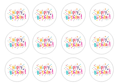 Happy Birthday (HB01) 2" pre cut icing discs  Pack contains 12 edible fondant icing pre cut icing discs  Easy to decorate a homemade or shop bought cake - simply peel and apply to your cakes