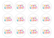 Load image into Gallery viewer, Happy Birthday (HB01) 2&quot; pre cut icing discs  Pack contains 12 edible fondant icing pre cut icing discs  Easy to decorate a homemade or shop bought cake - simply peel and apply to your cakes