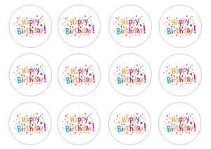 Happy Birthday (HB01) 2" pre cut icing discs  Pack contains 12 edible fondant icing pre cut icing discs  Easy to decorate a homemade or shop bought cake - simply peel and apply to your cakes