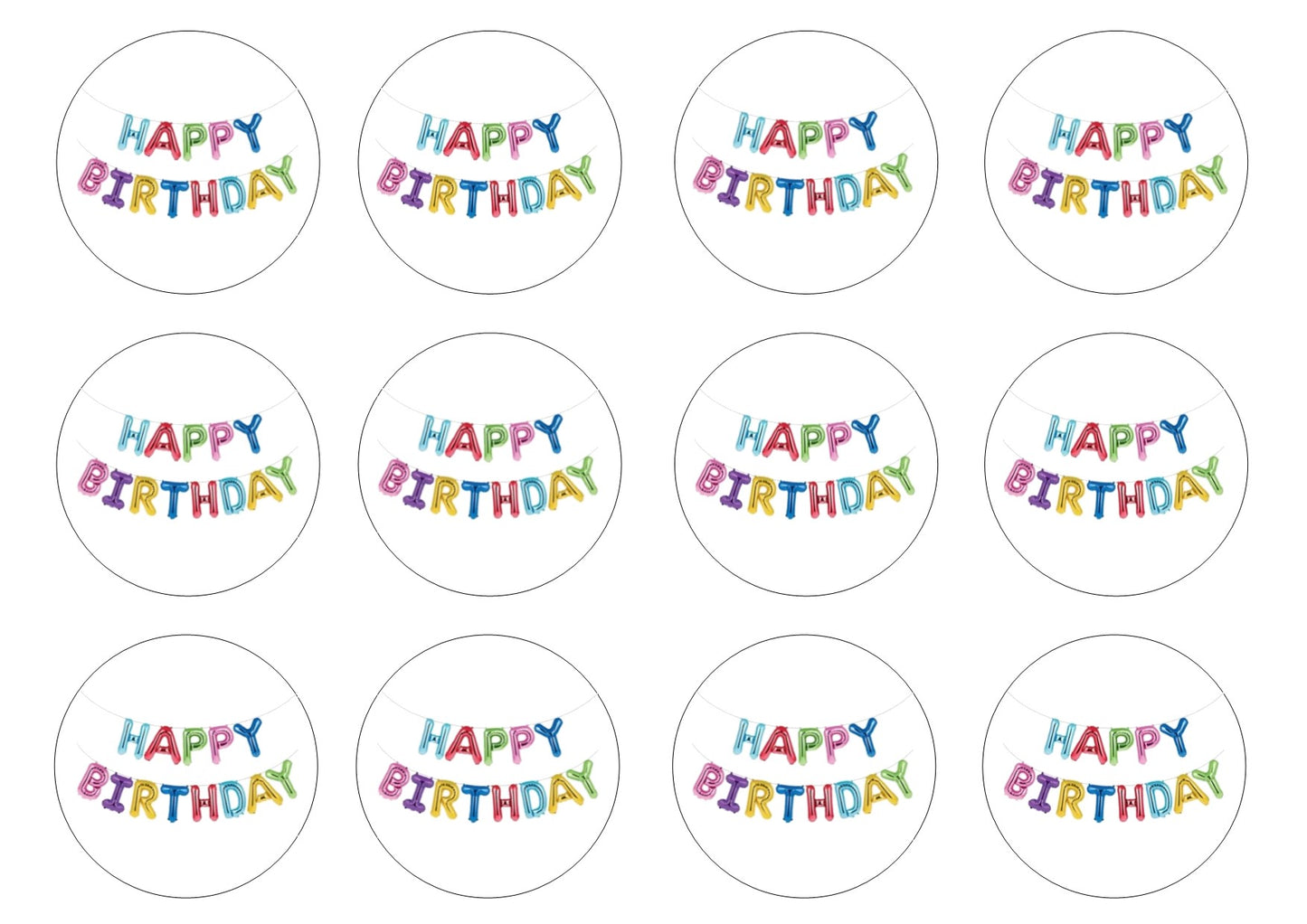 Happy Birthday (HB02) 2" pre cut icing discs  Pack contains 12 edible fondant icing pre cut icing discs  Easy to decorate a homemade or shop bought cake - simply peel and apply to your cakes