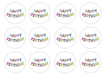 Load image into Gallery viewer, Happy Birthday (HB02) 2&quot; pre cut icing discs  Pack contains 12 edible fondant icing pre cut icing discs  Easy to decorate a homemade or shop bought cake - simply peel and apply to your cakes