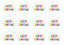 Load image into Gallery viewer, Happy Birthday (HB03) 2&quot; pre cut icing discs  Pack contains 12 edible fondant icing pre cut icing discs  Easy to decorate a homemade or shop bought cake - simply peel and apply to your cakes