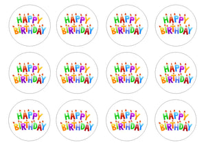 Happy Birthday (HB03) 2" pre cut icing discs  Pack contains 12 edible fondant icing pre cut icing discs  Easy to decorate a homemade or shop bought cake - simply peel and apply to your cakes