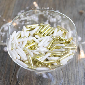 White & Gold Metallic Macaroni Rods (20mm) Sprinkles