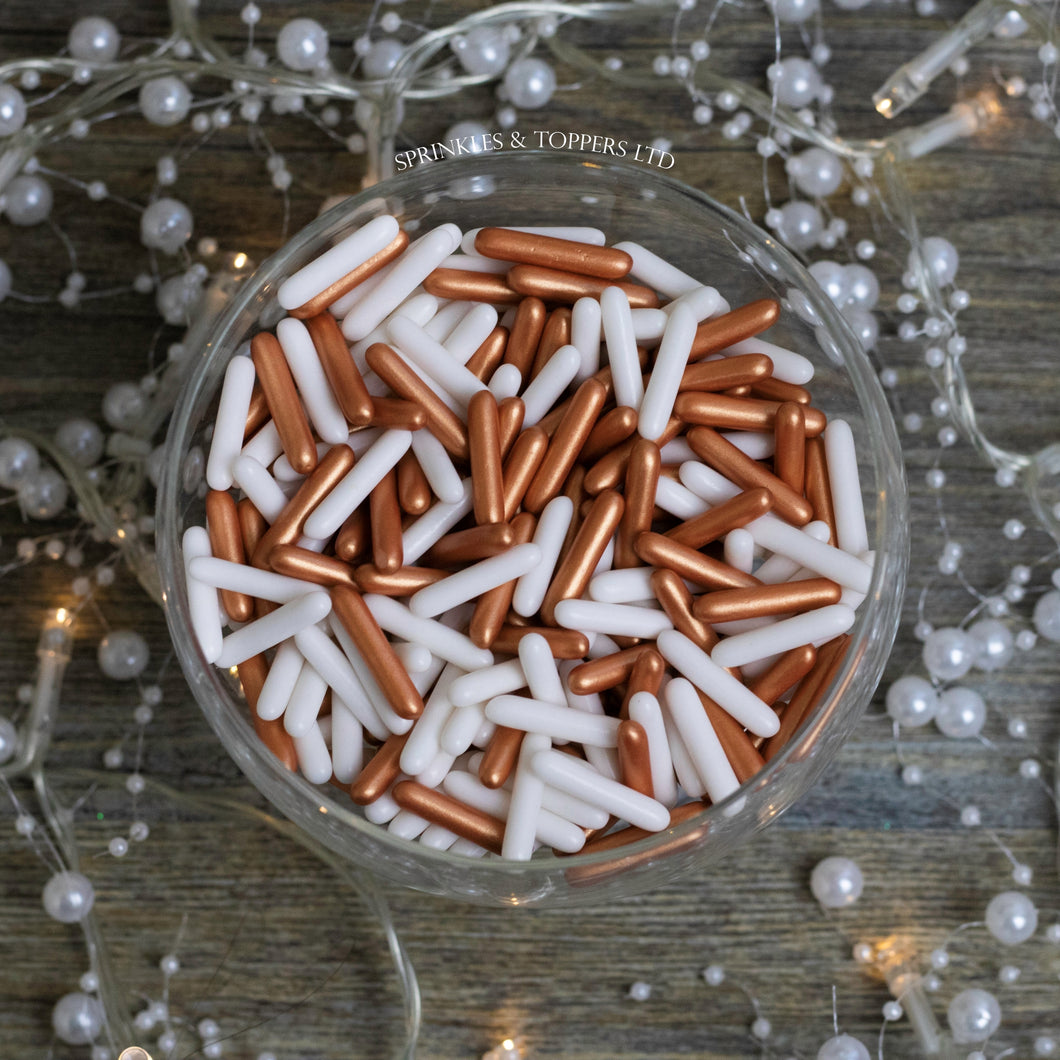 White & Rose Gold / Copper Macaroni Rods (20mm) Sprinkles