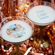 Load image into Gallery viewer, Vibrant image / logo of your choice printed onto wafer paper.  The perfect way to add that personal touch to your Cocktail Party, Special Celebration, or to Brand your business. Be sure to get your guests / customers talking!