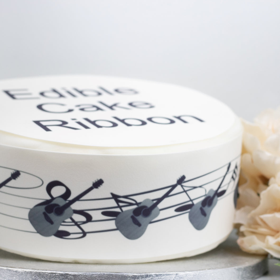 ACOUSTIC GUITAR & MUSIC NOTES EDIBLE ICING CAKE RIBBON / SIDE STRIPS   Use instead of traditional ribbon to decorate the sides of your cakes  Edible fondant icing, perfect for that special occasion