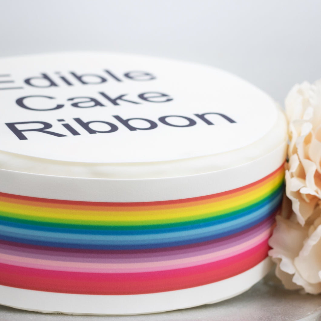 BRIGHT RAINBOW EDIBLE ICING CAKE RIBBON / SIDE STRIPS   Use instead of traditional ribbon to decorate the sides of your cakes  Edible fondant icing, perfect for that special occasion