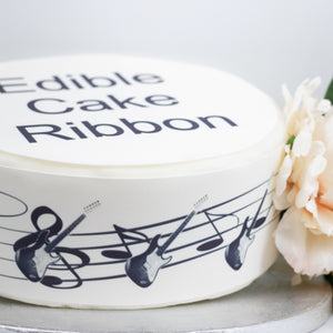 ELECTRIC GUITAR & MUSIC NOTES EDIBLE ICING CAKE RIBBON / SIDE STRIPS   Use instead of traditional ribbon to decorate the sides of your cakes  Edible fondant icing, perfect for that special occasion