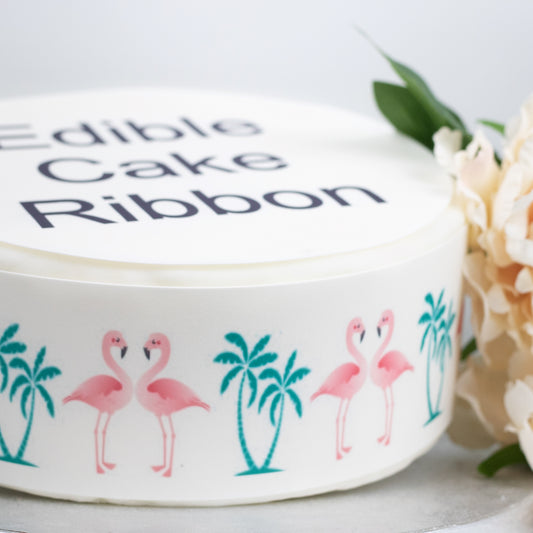 FLAMINGO & PALM TREES  EDIBLE ICING CAKE RIBBON / SIDE STRIPS   Use instead of traditional ribbon to decorate the sides of your cakes  Edible fondant icing, perfect for that special occasion