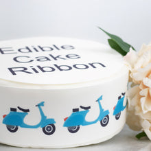 Load image into Gallery viewer, BLUE SCOOTER EDIBLE ICING CAKE RIBBON / SIDE STRIPS   Use instead of traditional ribbon to decorate the sides of your cakes  Edible fondant icing, perfect for that special occasion