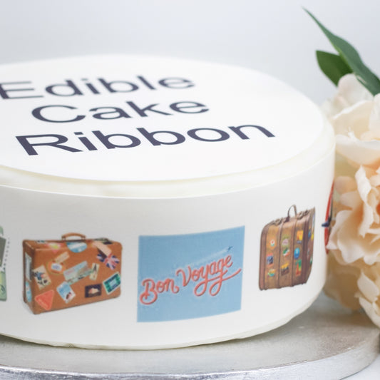 BON VOYAGE EDIBLE ICING CAKE RIBBON / SIDE STRIPS   Use instead of traditional ribbon to decorate the sides of your cakes  Edible fondant icing, perfect for that special occasion