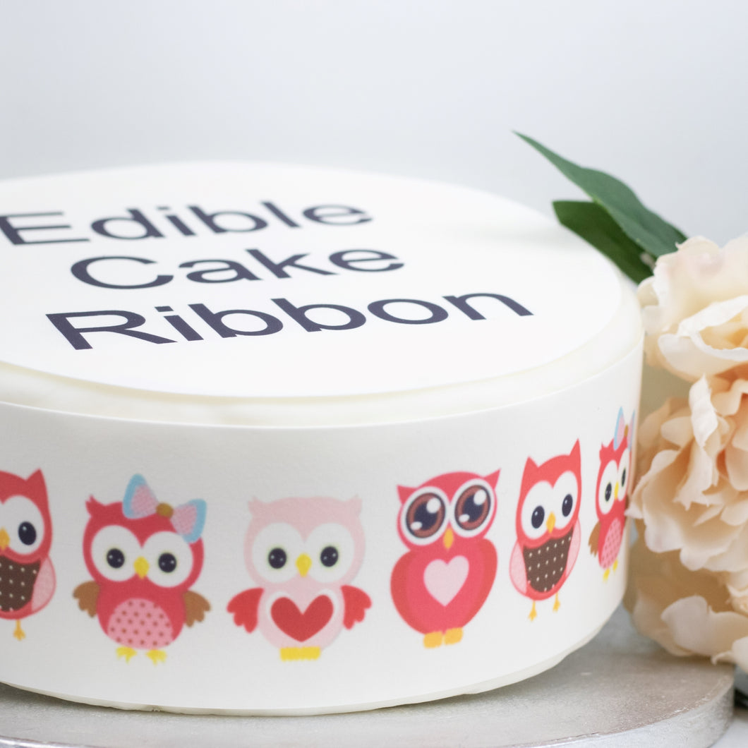 Pink Owls Edible Icing Cake Ribbon / Side Strips