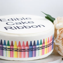 Load image into Gallery viewer, COLOURFUL CRAYONS EDIBLE ICING CAKE RIBBON / SIDE STRIPS   Use instead of traditional ribbon to decorate the sides of your cakes  Edible fondant icing, perfect for that special occasion