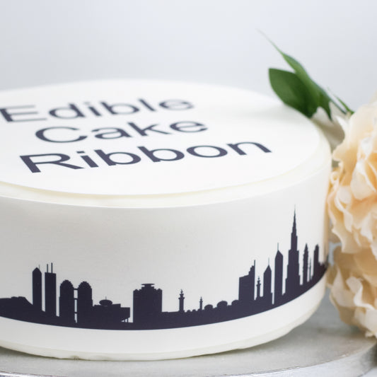 DUBAI SKYLINE SILHOUETTE EDIBLE ICING CAKE RIBBON / SIDE STRIPS   Use instead of traditional ribbon to decorate the sides of your cakes  Edible fondant icing, perfect for that special occasion