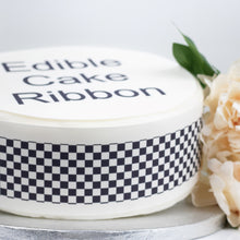 Load image into Gallery viewer, BLACK &amp; WHITE CHECK EDIBLE ICING CAKE RIBBON / SIDE STRIPS  Use instead of traditional ribbon to decorate the sides of your cakes  Edible fondant icing, perfect for that special occasion