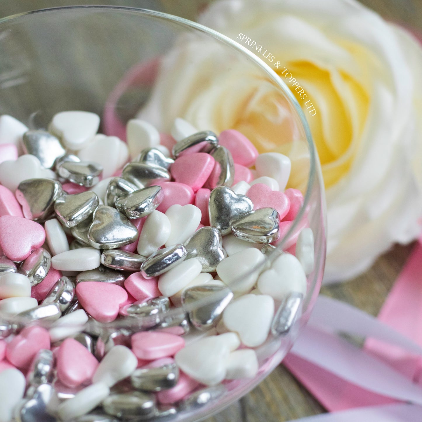 Pink White & Metallic Silver Tablet Hearts Sprinkles Cupcake / Cake Decorations