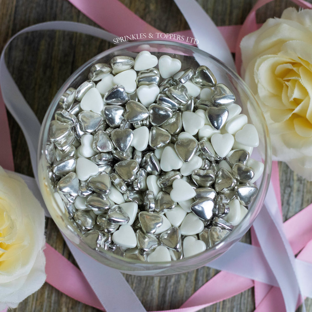 White & Metallic Silver Tablet Hearts Sprinkles Cupcake / Cake Decorations