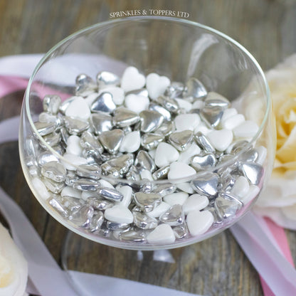 White & Metallic Silver Tablet Hearts Sprinkles Cupcake / Cake Decorations