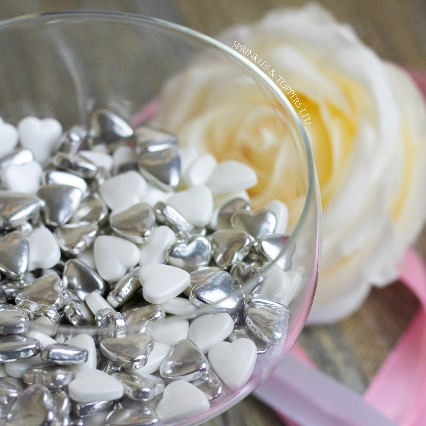 White & Metallic Silver Tablet Hearts Sprinkles Cupcake / Cake Decorations