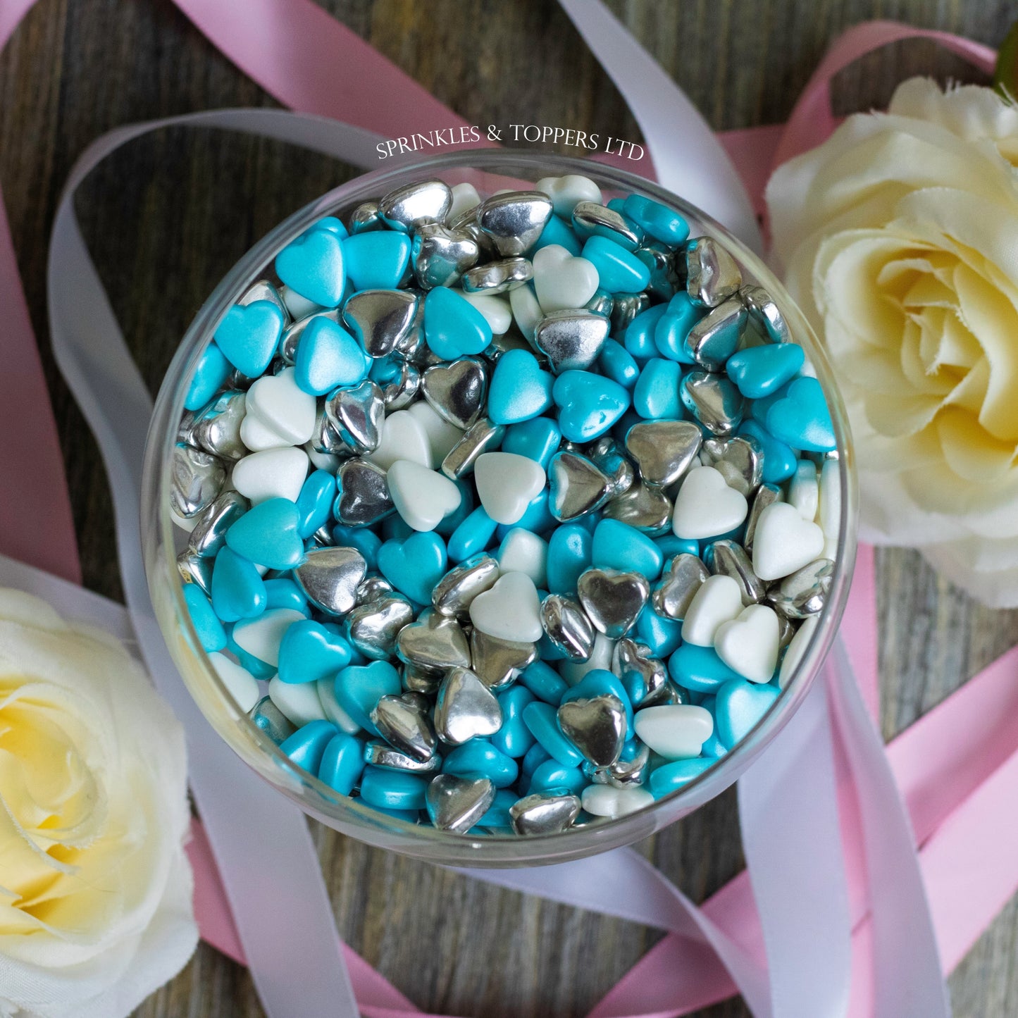 Blue White & Metallic Silver Tablet Hearts Sprinkles Cupcake / Cake Decorations