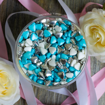 Blue White & Metallic Silver Tablet Hearts Sprinkles Cupcake / Cake Decorations