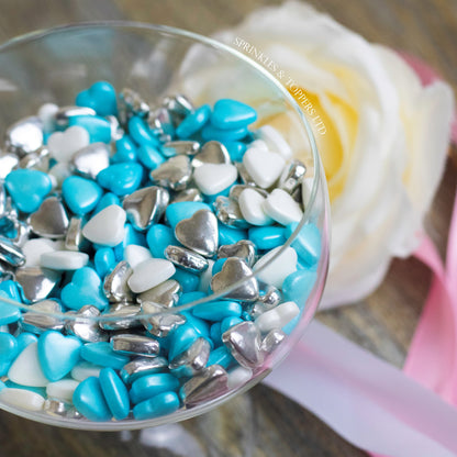 Blue White & Metallic Silver Tablet Hearts Sprinkles Cupcake / Cake Decorations