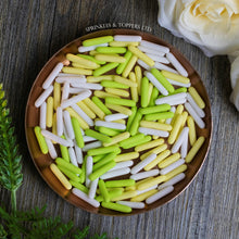 Load image into Gallery viewer, Yellow White &amp; Lime Green Matt Macaroni Rods (20mm) Sprinkles