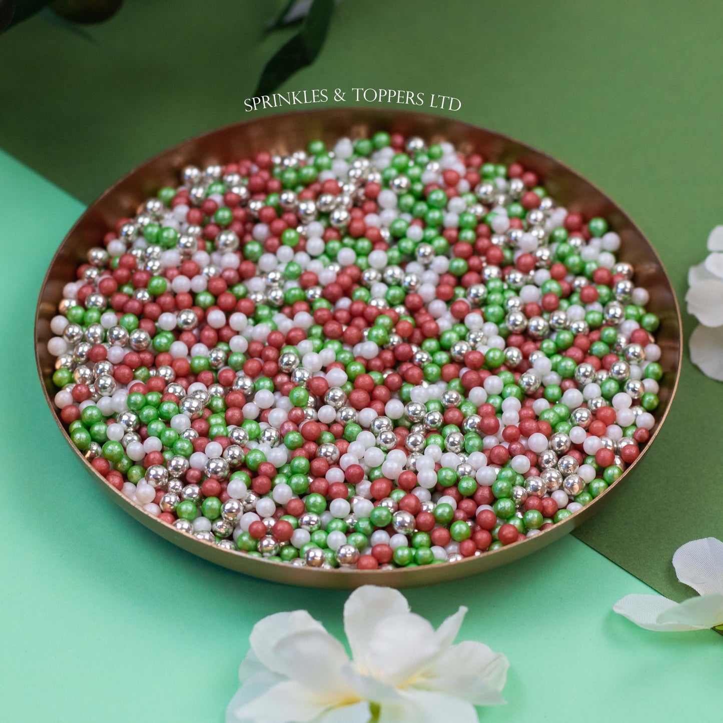 Red White Green & Metallic Silver Pearls (3-4mm)