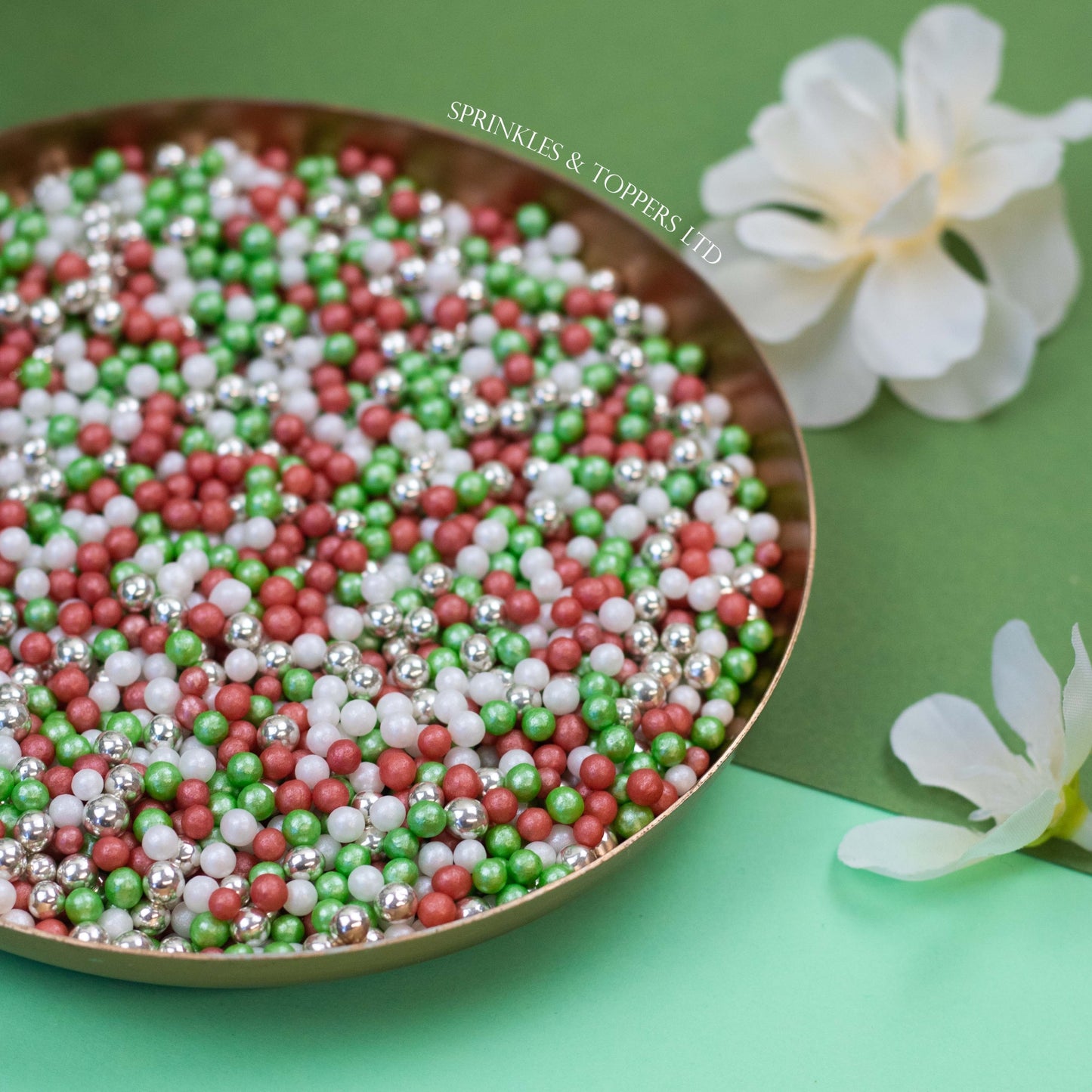 Red White Green & Metallic Silver Pearls (3-4mm)