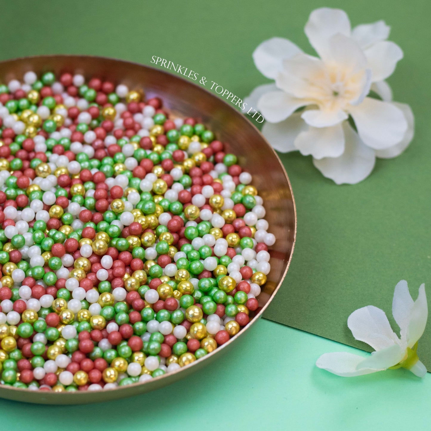 Red White Green & Metallic Gold Pearls (3-4mm)