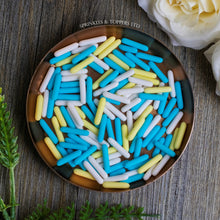 Load image into Gallery viewer, Turquoise Yellow &amp; White Matt Macaroni Rods (20mm) Sprinkles