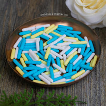 Load image into Gallery viewer, Turquoise Yellow &amp; White Matt Macaroni Rods (20mm) Sprinkles