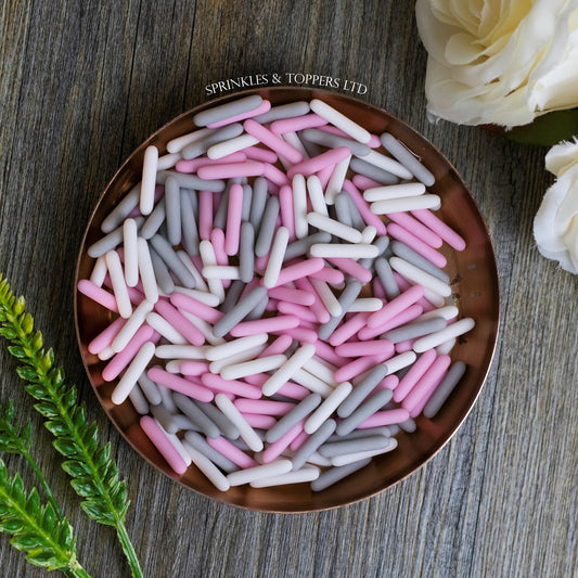 Grey Pink & White Matt Macaroni Rods (20mm) Sprinkles