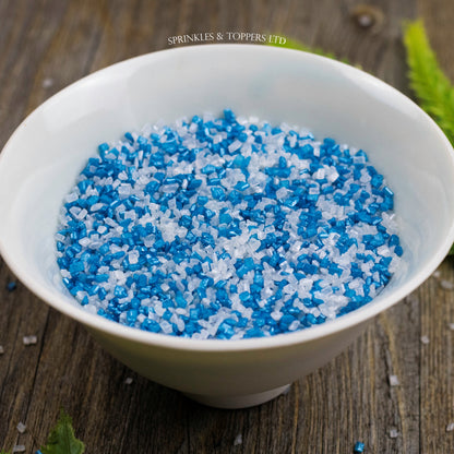 Edible blue and white sugar crystals with a lovely shiny finish  Perfect to top any cupcake, large cake, ice cream, cookies, shakes and more...