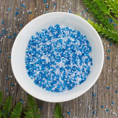 Edible blue and white sugar crystals with a lovely shiny finish  Perfect to top any cupcake, large cake, ice cream, cookies, shakes and more...