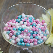 Load image into Gallery viewer, Lovely pink, white and turquoise edible sugar pearls with shiny finish 7mm (approx)  Perfect to decorate cupcakes, a large cake, ice creams, smoothies, cookies.....the list is endless