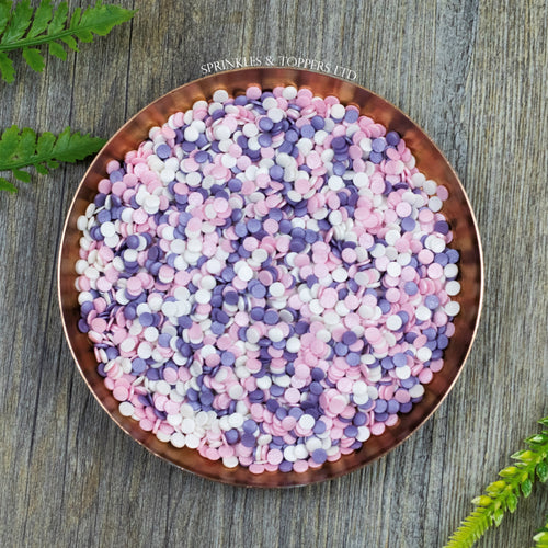 4mm Pink White & Purple Glimmer Confetti  Edible confetti with a lovely shiny finish  Perfect to top any cupcake, large cake, ice cream, cookies, shakes and more...