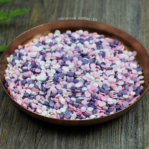 4mm Pink White & Purple Glimmer Confetti  Edible confetti with a lovely shiny finish  Perfect to top any cupcake, large cake, ice cream, cookies, shakes and more...
