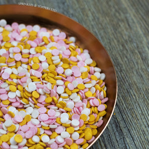 4mm Pink White & Gold Glimmer Confetti  Edible confetti with a lovely shiny finish  Perfect to top any cupcake, large cake, ice cream, cookies, shakes and more...