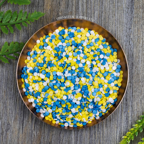 4mm Blue White & Yellow Glimmer Confetti  Edible confetti with a lovely shiny finish  Perfect to top any cupcake, large cake, ice cream, cookies, shakes and more...