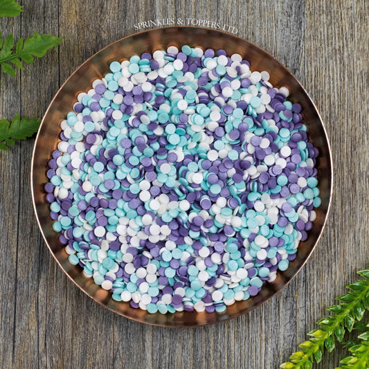 4mm Purple White & Turquoise Glimmer Confetti  Edible confetti with a lovely shiny finish  Perfect to top any cupcake, large cake, ice cream, cookies, shakes and more...