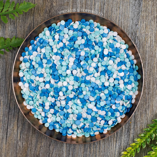 4mm Blue White & Turquoise Glimmer Confetti  Edible confetti with a lovely shiny finish  Perfect to top any cupcake, large cake, ice cream, cookies, shakes and more...