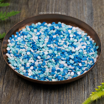 4mm Blue White & Turquoise Glimmer Confetti  Edible confetti with a lovely shiny finish  Perfect to top any cupcake, large cake, ice cream, cookies, shakes and more...