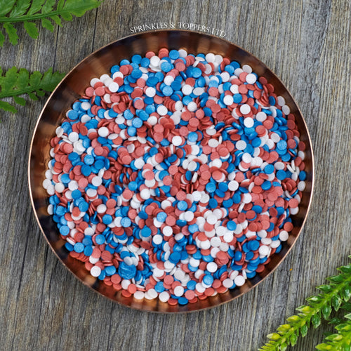 4mm Red White & Blue Glimmer Confetti  Edible confetti with a lovely shiny finish  Perfect to top any cupcake, large cake, ice cream, cookies, shakes and more...