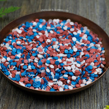 Load image into Gallery viewer, 4mm Red White &amp; Blue Glimmer Confetti  Edible confetti with a lovely shiny finish  Perfect to top any cupcake, large cake, ice cream, cookies, shakes and more...