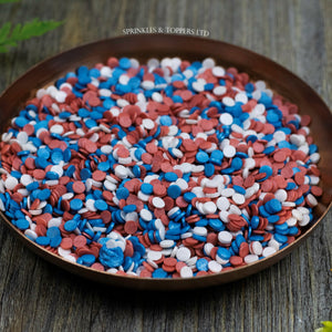 4mm Red White & Blue Glimmer Confetti  Edible confetti with a lovely shiny finish  Perfect to top any cupcake, large cake, ice cream, cookies, shakes and more...
