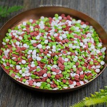 Load image into Gallery viewer, 4mm Red White &amp; Green Glimmer Confetti  Edible confetti with a lovely shiny finish  Perfect to top any cupcake, large cake, ice cream, cookies, shakes and more...